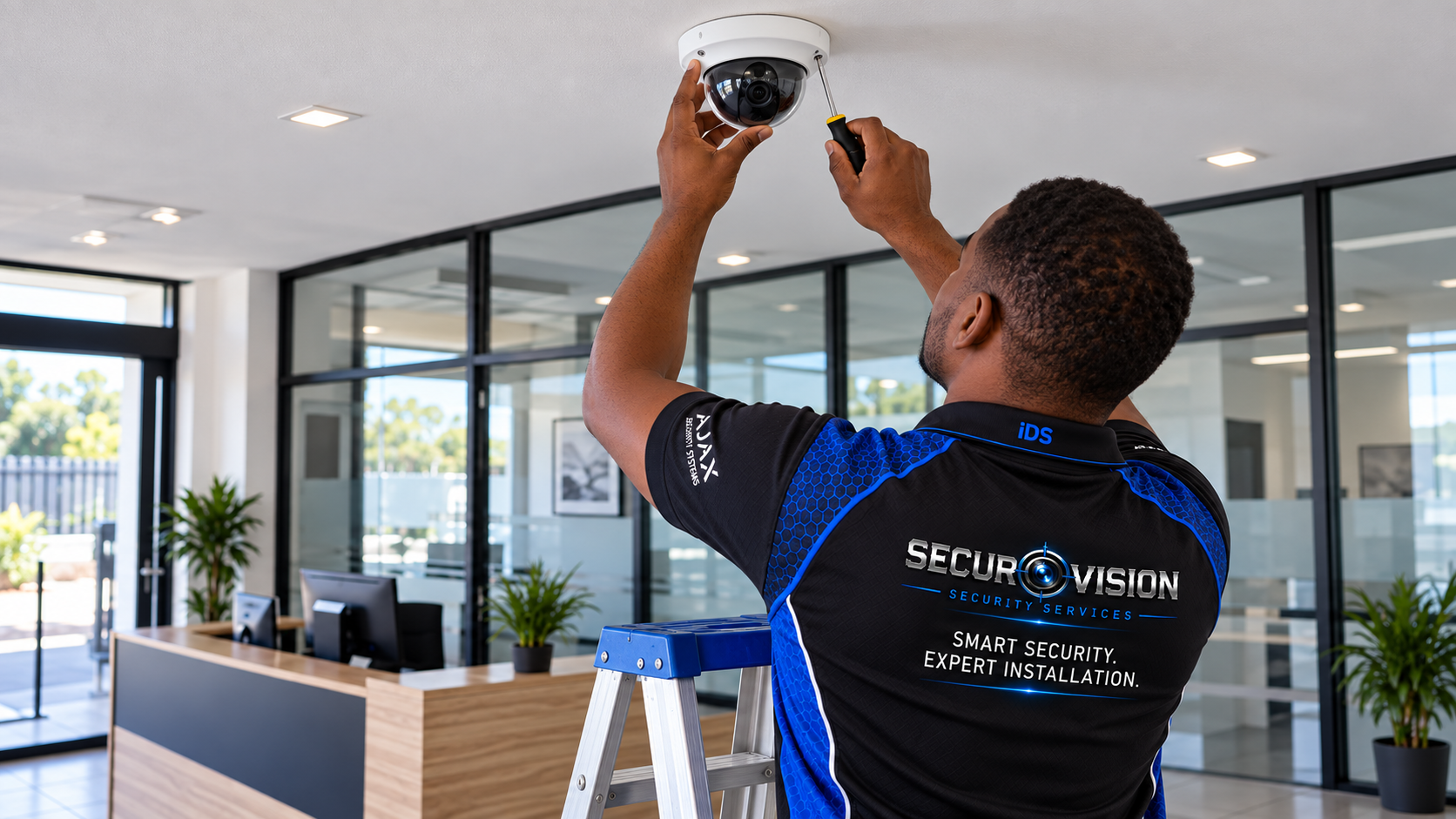 Illustrative scene of a technician in the Securovision company shirt installing a dome camera on an office ceiling